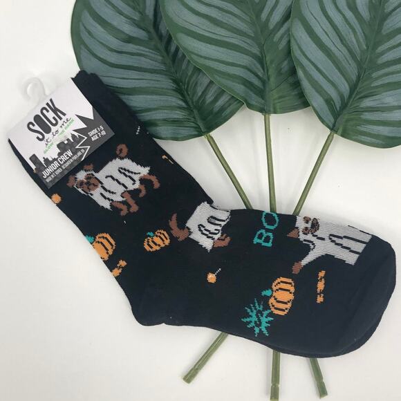 Sock It To Me Glow In The Dark Black Dog Ghost Costume Halloween Kids Crew Socks - Picture 9 of 9